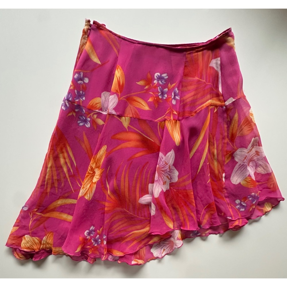 Cache Silk Floral Asymmetrical Mini Skirt Pink Orange Tropical Y2K Lined Size 6 - Picture 2 of 9